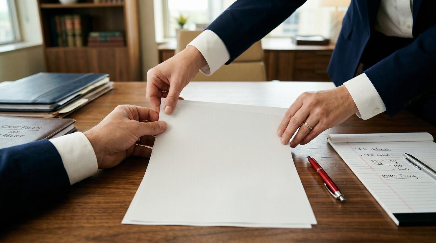 Dos personas vestidas con traje de negocios intercambiando documentos en blanco sobre un escritorio de madera, junto a unas carpetas y un cuaderno.