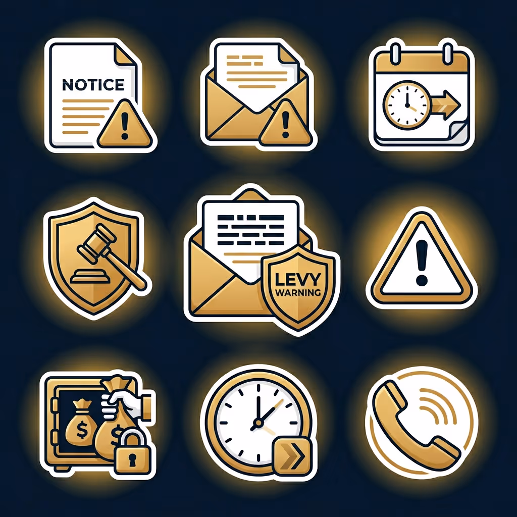 Set of nine legal and financial alert icons including notice, warning envelopes, calendar with clock, gavel with shield, levy warning, caution triangle, money bags in safe, clock with arrow, and phone receiver with sound waves.
