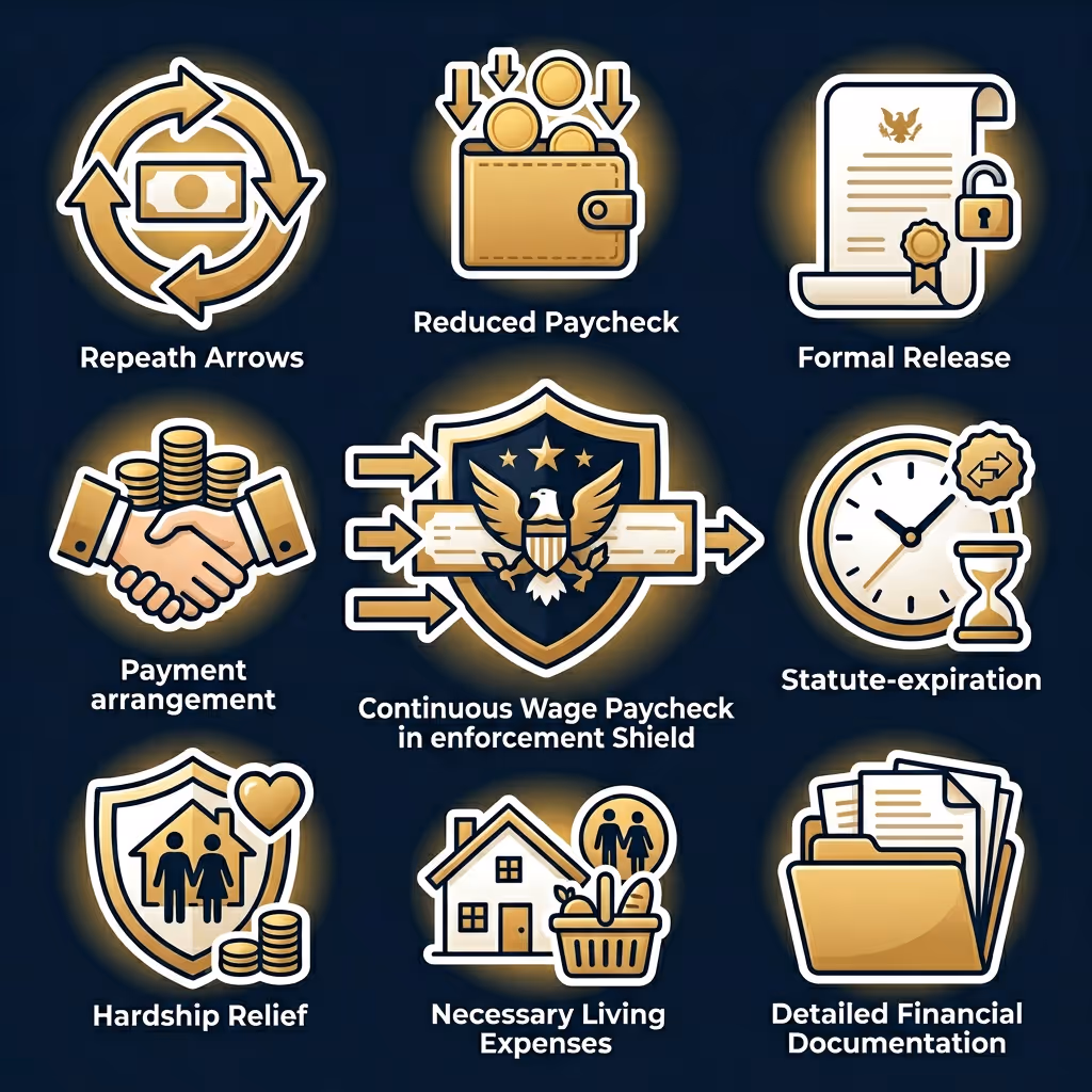 Nine icons representing wage levy enforcement concepts: Repeat arrows, reduced paycheck, formal release, payment arrangement, continuous wage paycheck in enforcement shield, statute expiration, hardship relief, necessary living expenses, and detailed financial documentation.