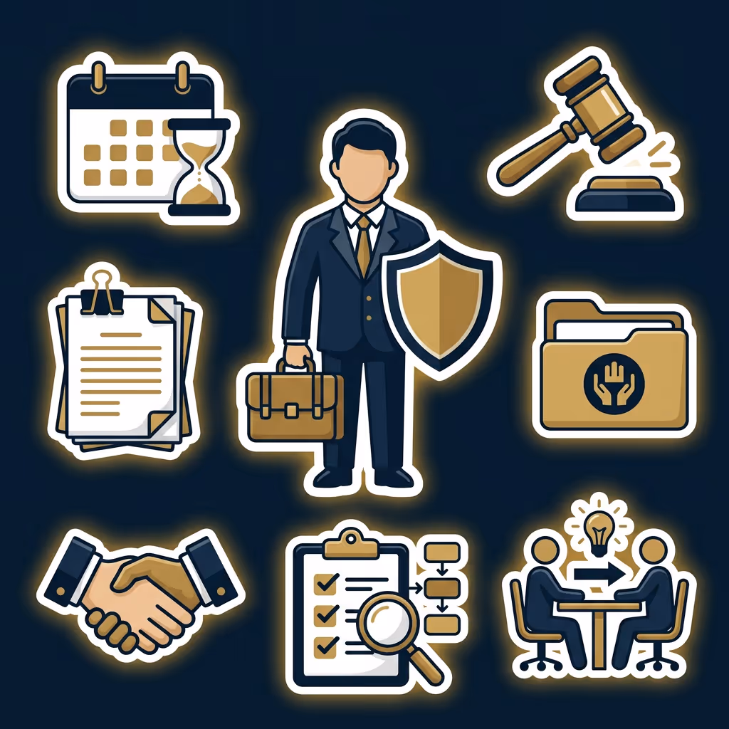 Icons depicting legal and business concepts including a calendar with hourglass, legal documents, a businessman with briefcase and shield, a judge's gavel, a folder with hands symbol, handshake, checklist with magnifying glass, and two people discussing with a lightbulb above them.
