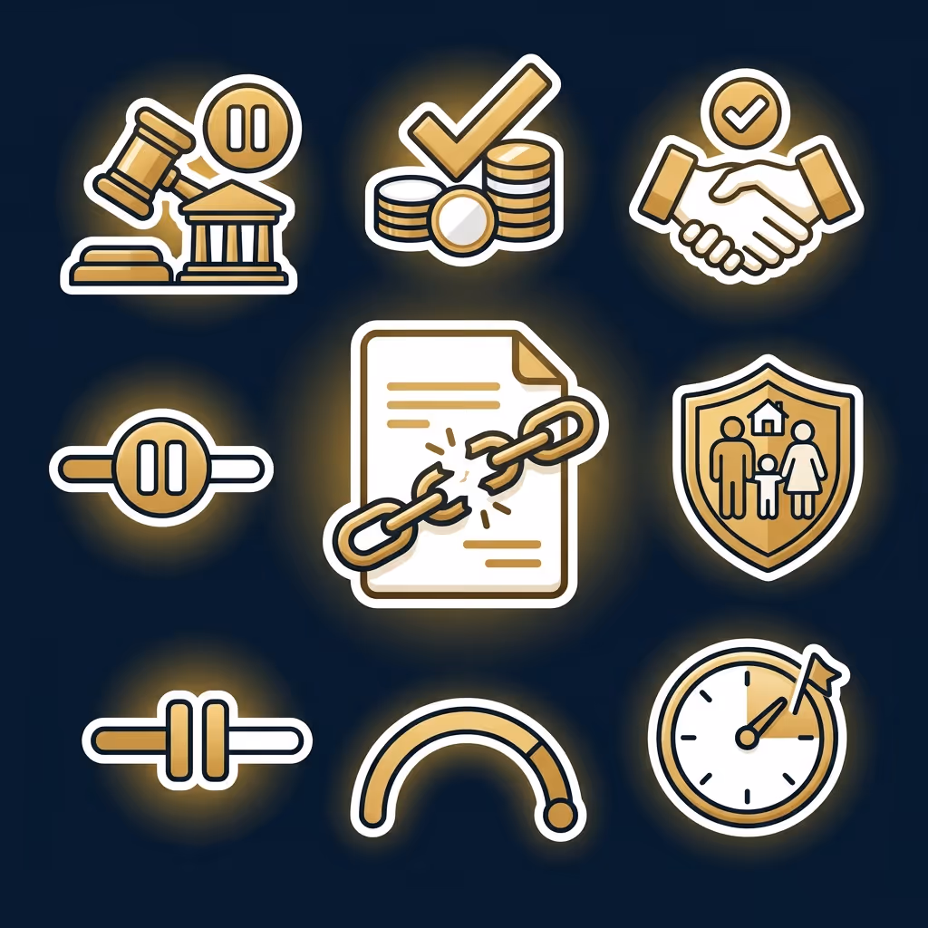 Nine gold and white icons on dark background, including a gavel and courthouse with pause symbol, stacked coins with checkmark, handshake with checkmark, pause buttons, broken chain on paper, family shield, slider controls, progress arc, and a clock with a flag on the dial.