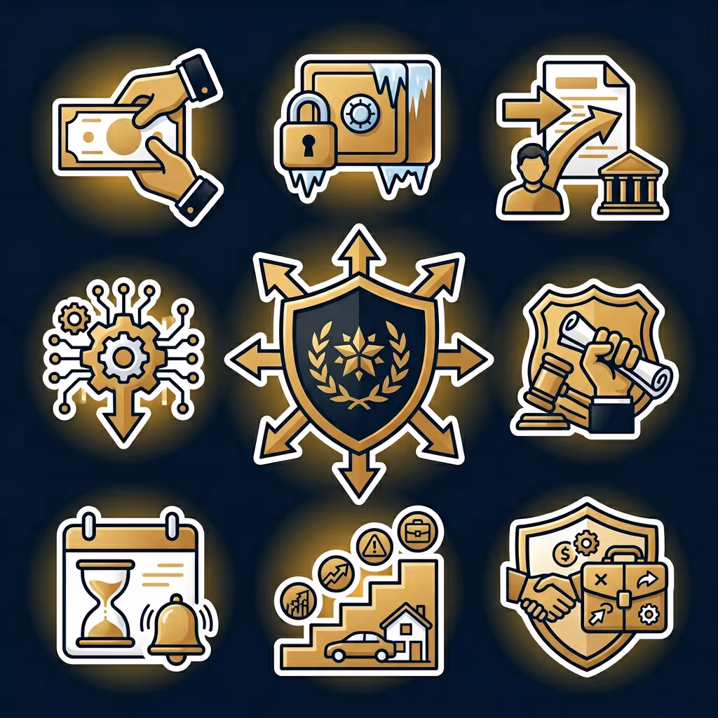 Nine gold and black finance and security icons including money exchange, locked safe, contract signing, digital gear network, central shield with arrows, legal document with gavel, calendar with hourglass and bell, growth steps with icons, and handshake with briefcase.