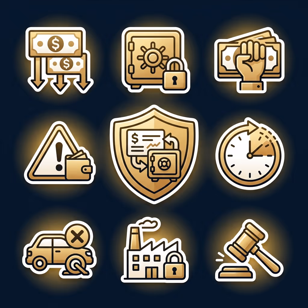 Set of nine golden icons representing financial actions, including money with downward arrows, locked safe, fist holding cash, warning with wallet, shield with safe and documents, clock with shaded segment, car with wheel lock, locked factory, and a judge's gavel.