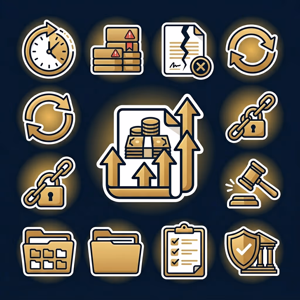 Set of gold and white icons on dark background representing time, warnings, document issues, refresh, security locks, increasing money report, legal gavel, folders, checklist, and legal protection.