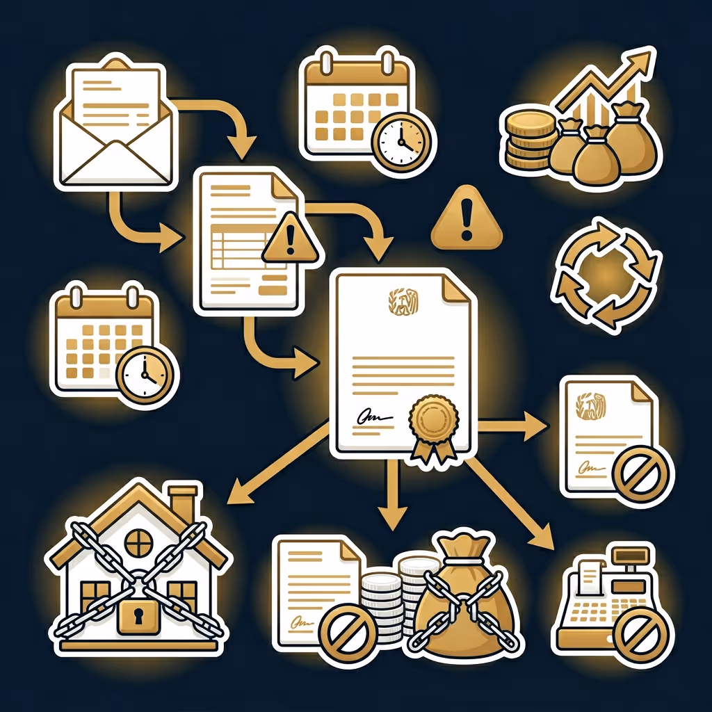 Flowchart illustrating collection notices and escalating letters with icons of envelopes, calendars, warning symbols, locked house, locked money bags, and prohibited documents.