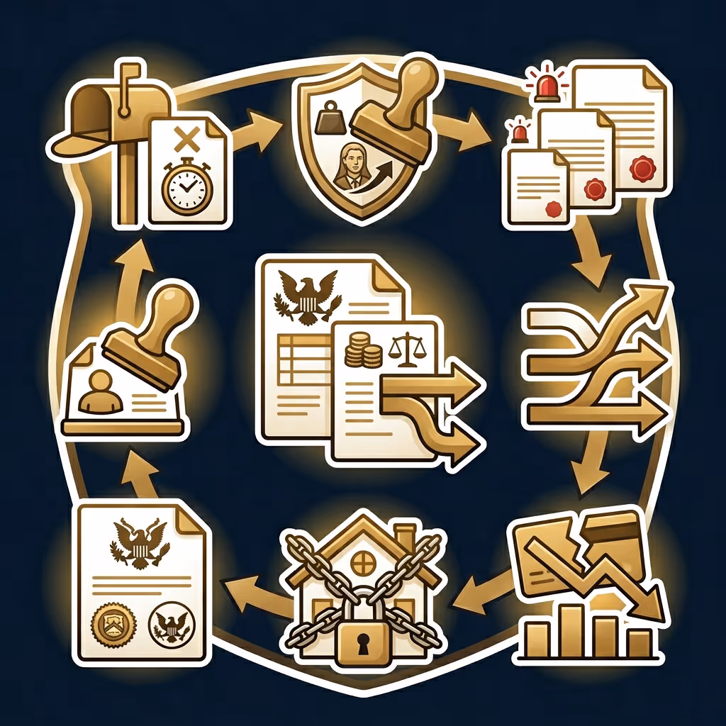 Circular infographic depicting tax assessment process with icons showing mailbox, legal stamp, documents with alerts, decision arrows, declining graph, locked house, official certifications, and tax documents with money.