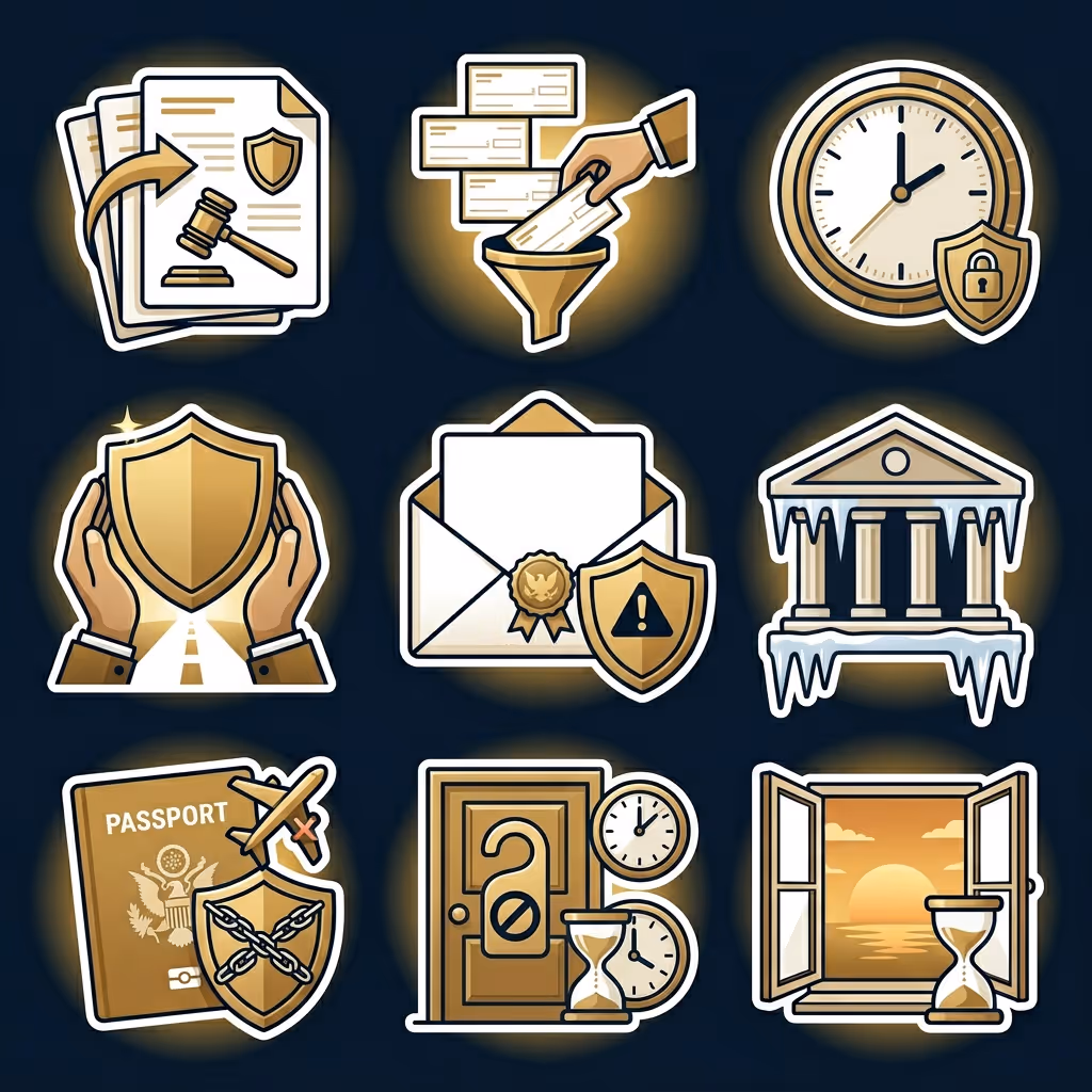 Nine icons depicting legal and security themes including documents with gavel, hand inserting paper into funnel, clock with lock, hands holding shield, sealed envelope with warning shield, frozen courthouse, passport with shield and airplane, door with clocks and hourglass, and open window with sunset and hourglass.