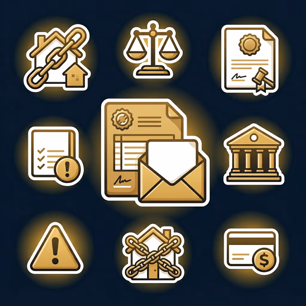 Set of nine golden legal and financial icons including scales of justice, documents with seal and signature, chained house symbols, warning signs, courthouse, and a credit card with a coin.