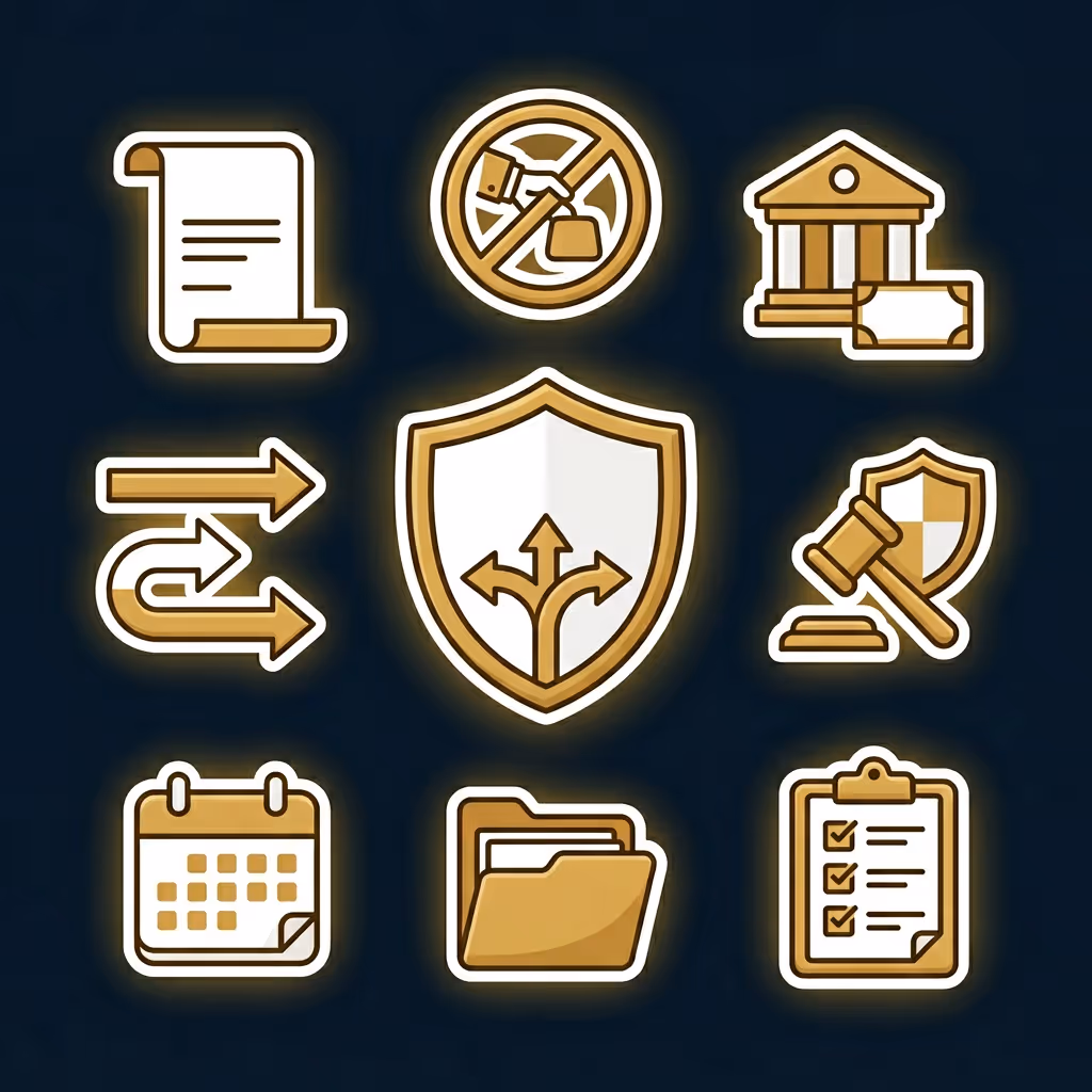 Nine golden icons on dark background depicting a legal document, no bribery symbol, bank with money, exchange arrows, shield with arrows, gavel with shield, calendar, folder, and checklist clipboard.