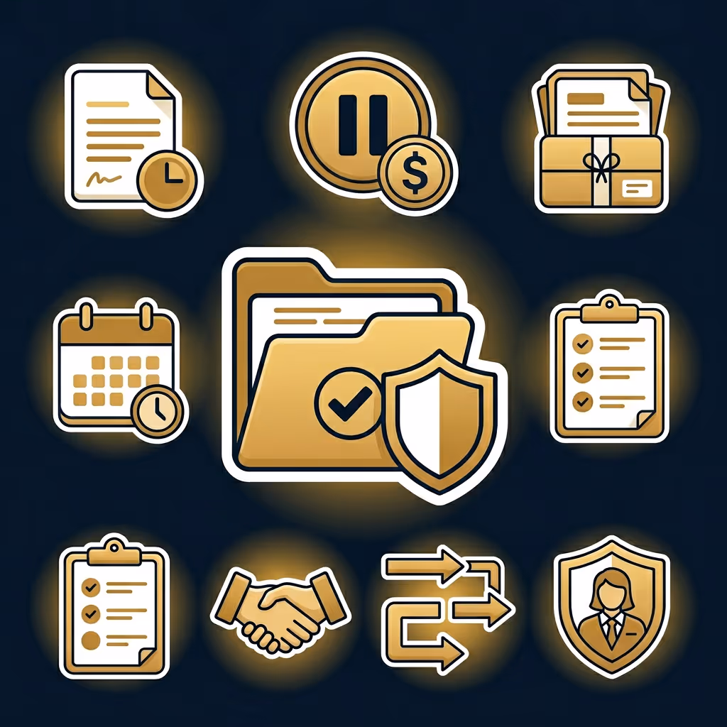Set of gold and white icons on a dark background including a document with clock, pause symbol with dollar sign, package with papers, calendar with clock, folder with checkmark and shield, checklist on clipboard, handshake, arrows indicating exchange, and a person inside a shield.