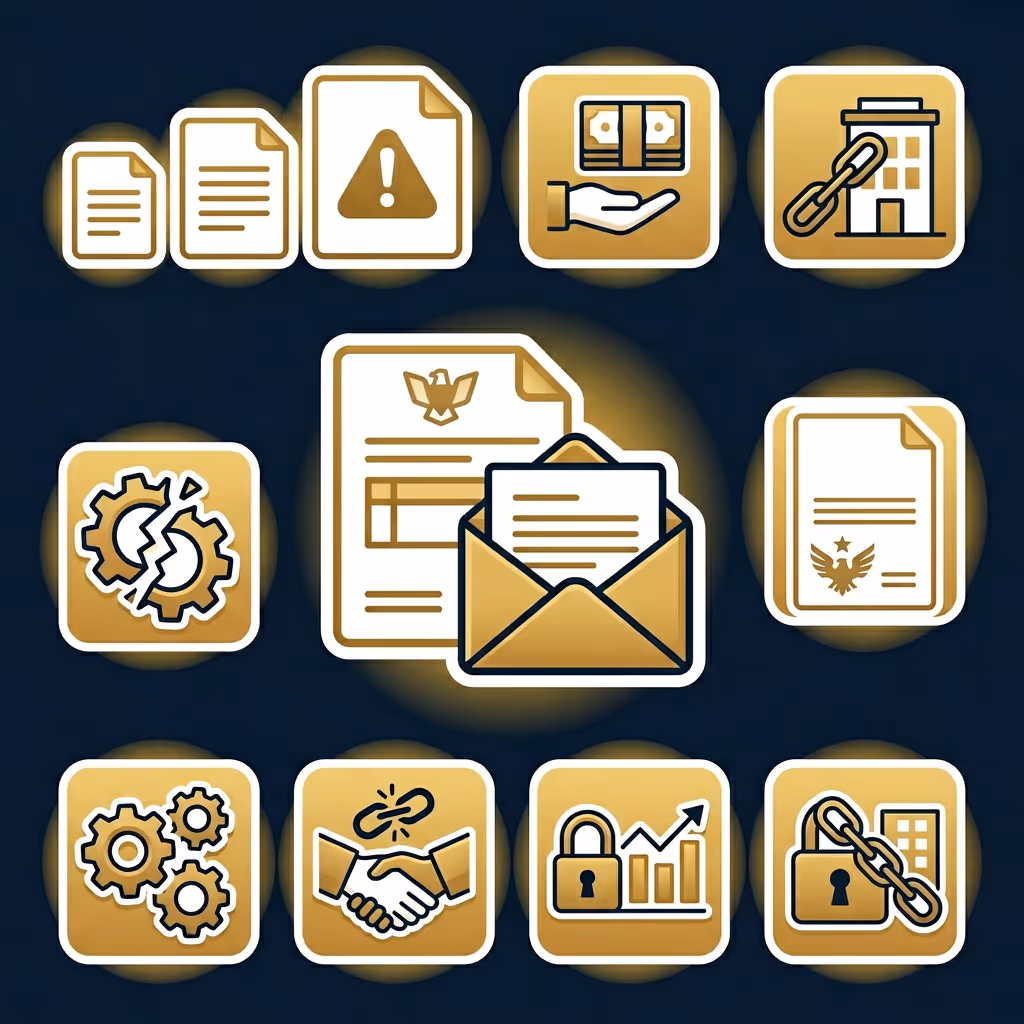 Set of gold and white business and document icons including warnings, money hand, building with chain, broken gears, contract and envelope, handshake with broken chain, and security lock with growth chart.