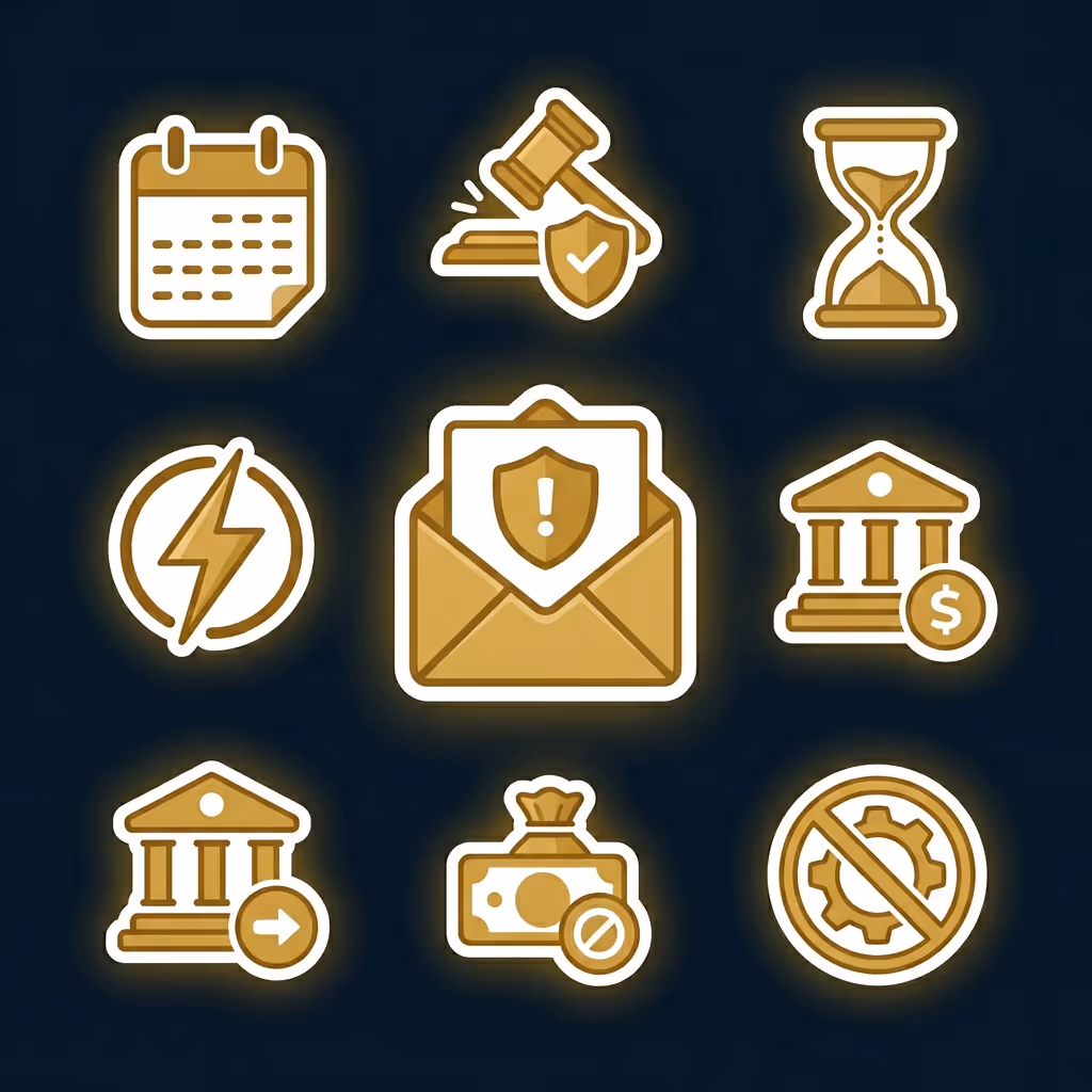 Set of nine golden icons on dark background including calendar, gavel with shield, hourglass, lightning bolt, envelope with shield and exclamation mark, bank with dollar sign, bank with arrow, money with prohibition sign, and gear crossed out.
