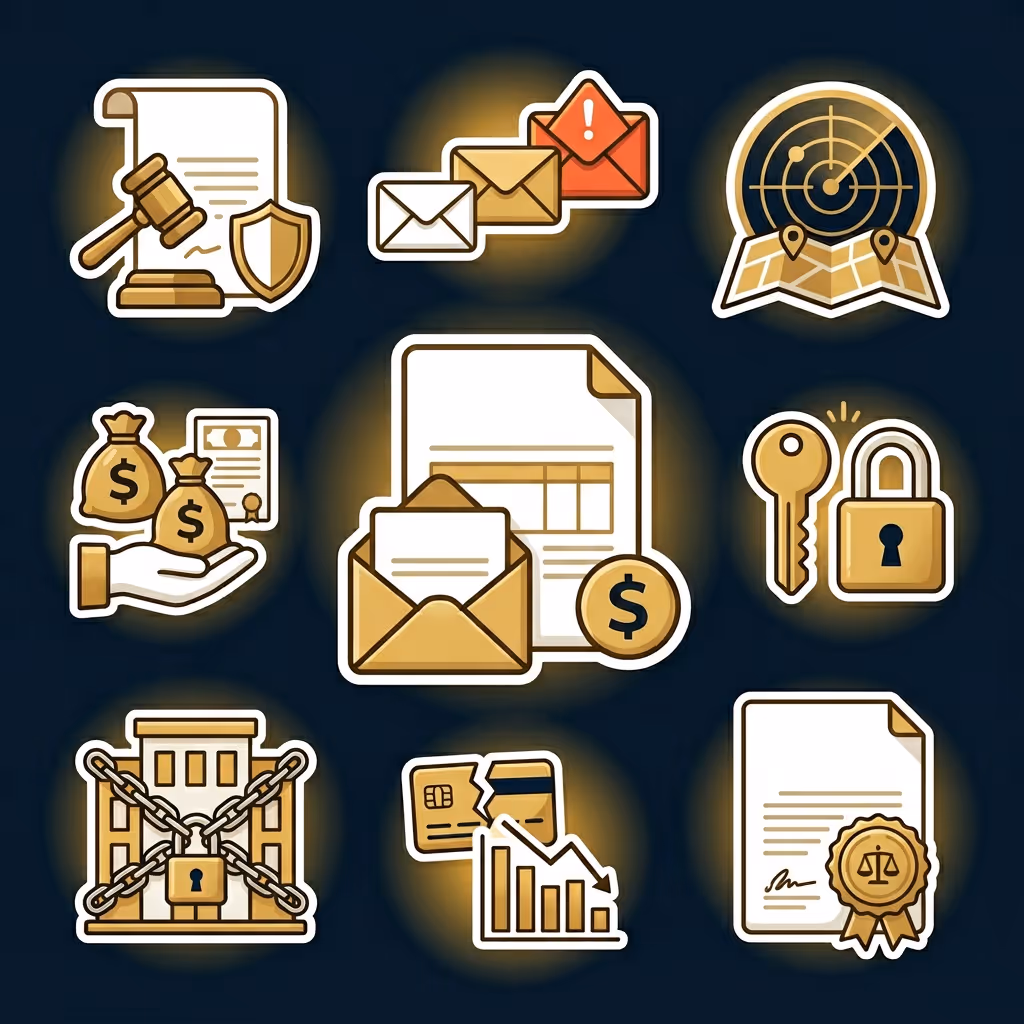 Set of financial and legal icons including documents with gavel and shield, warning emails, map with radar, money bags and certificate, billing envelope with dollar sign, key and padlock, locked building, declining credit card graph, and legal document with seal.