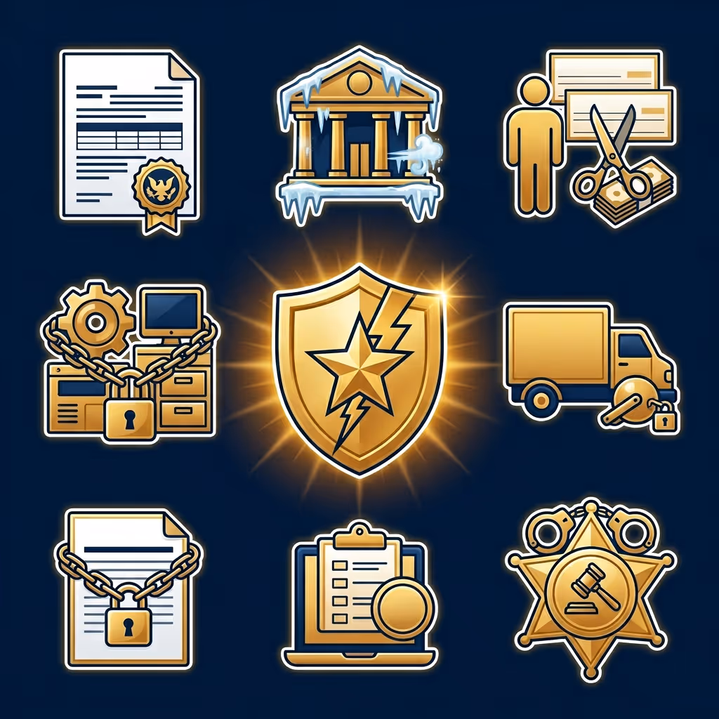 Gold and white icons representing legal documents, a cold courthouse, person with cut checks, locked files, secure delivery truck, locked document, checklist on laptop, and law enforcement badge surrounding a shining gold shield with a star and lightning bolt.