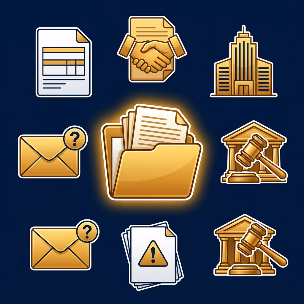 Set of nine gold and white legal and document icons on dark background including folder with papers, envelopes with question marks, gavel and courthouse, handshake over document, building, and warning symbol on paper.