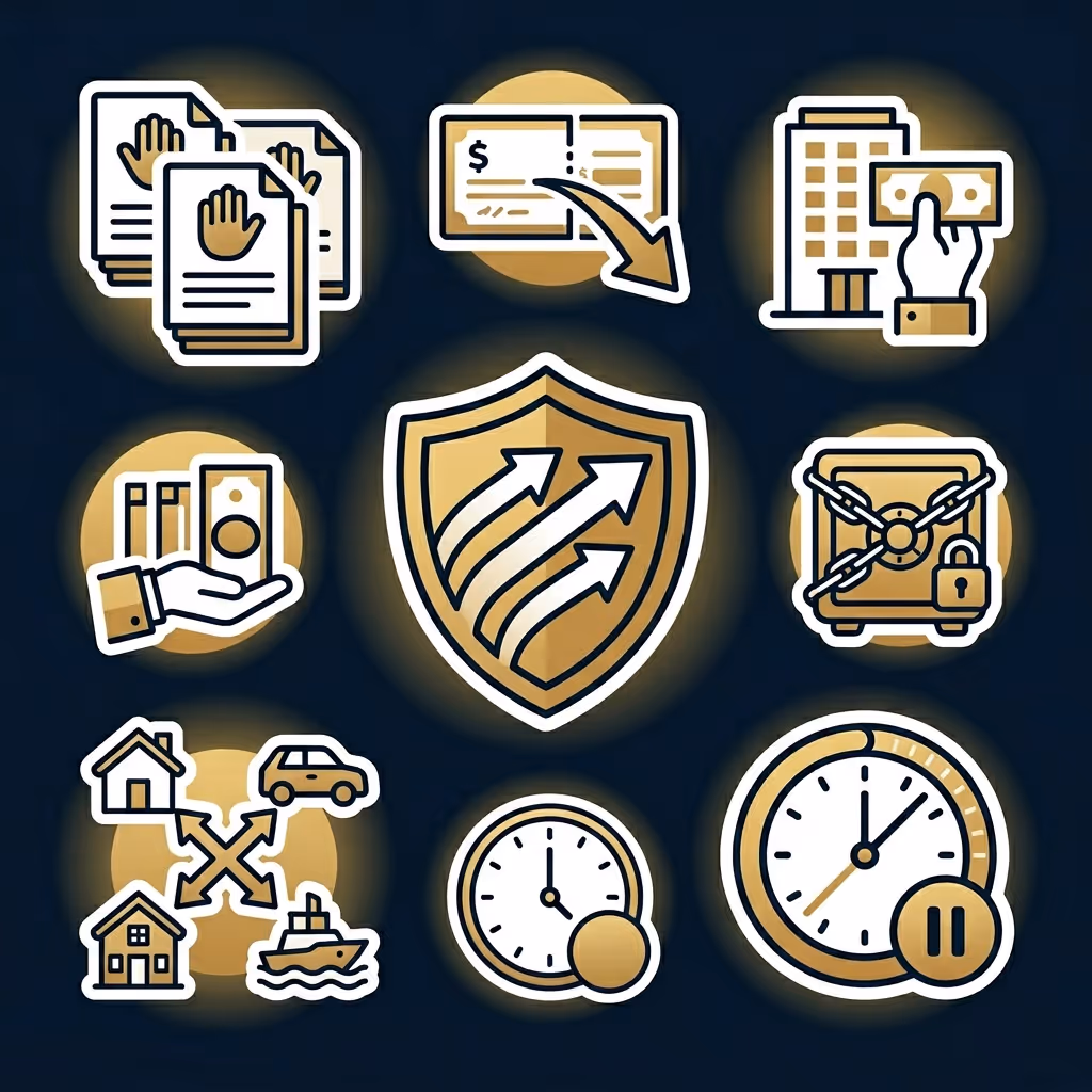 Collection of business and finance icons including documents with stop hands, check payment, building with money, hand holding money and books, shield with arrows, locked safe, property and vehicle exchange symbols, and two clocks.