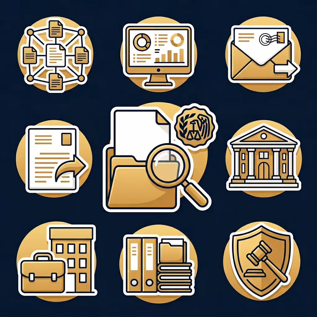 Nine gold and white icons on dark background representing document sharing, data analytics, mail sending, document forwarding, file examination with legal seal, courthouse, business building with briefcase, office files and folders, and legal shield with gavel.