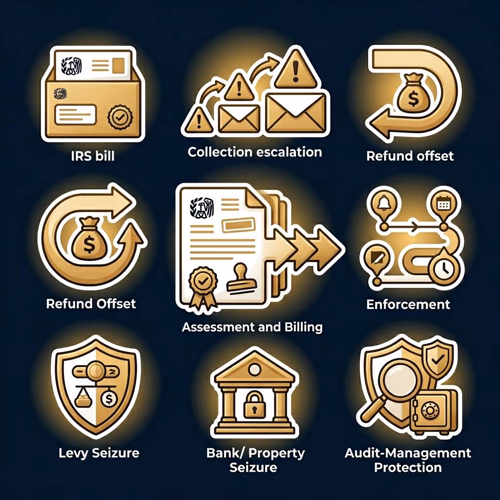 Nine gold and beige icons with labels representing IRS-related processes: IRS bill, Collection escalation, Refund offset, Refund Offset, Assessment and Billing, Enforcement, Levy Seizure, Bank/Property Seizure, and Audit-Management Protection.