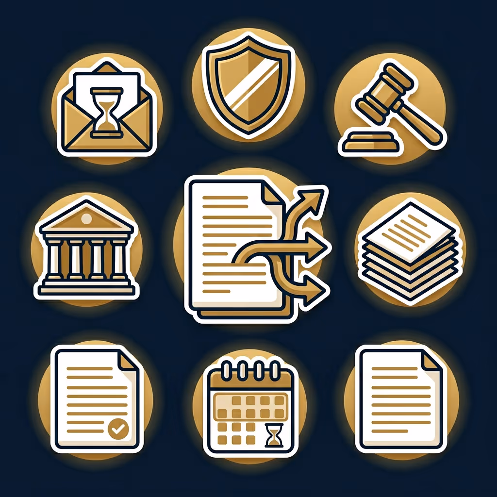 Set of nine gold and white icons on a dark background representing legal and document themes, including an envelope with an hourglass, a shield, a gavel, a courthouse, a document with arrows, stacked papers, a checked document, a calendar with an hourglass, and a plain document.