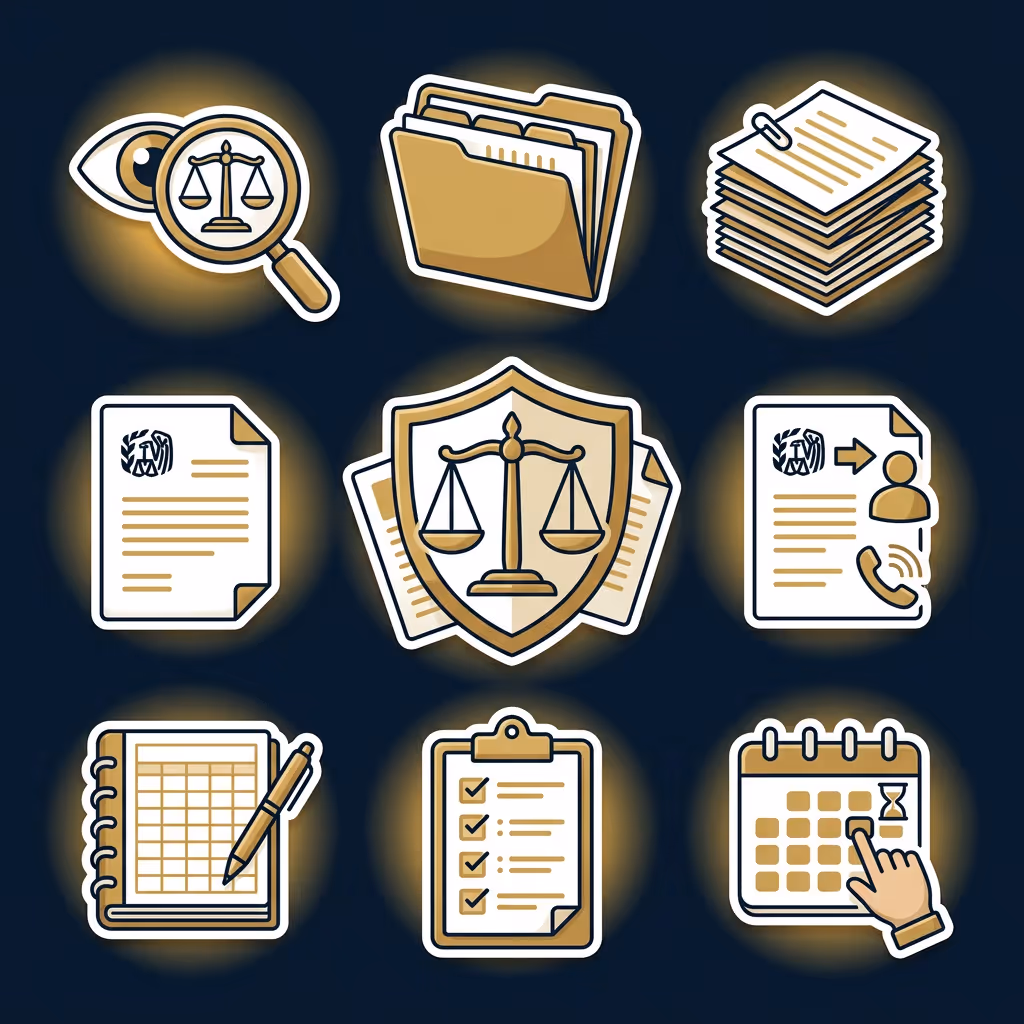 Set of nine legal and office icons including magnifying glass with scales of justice, folder with documents, stack of papers with clip, legal document, shield with scales, contact form, notebook with pen, checklist clipboard, and calendar with hand pointing.
