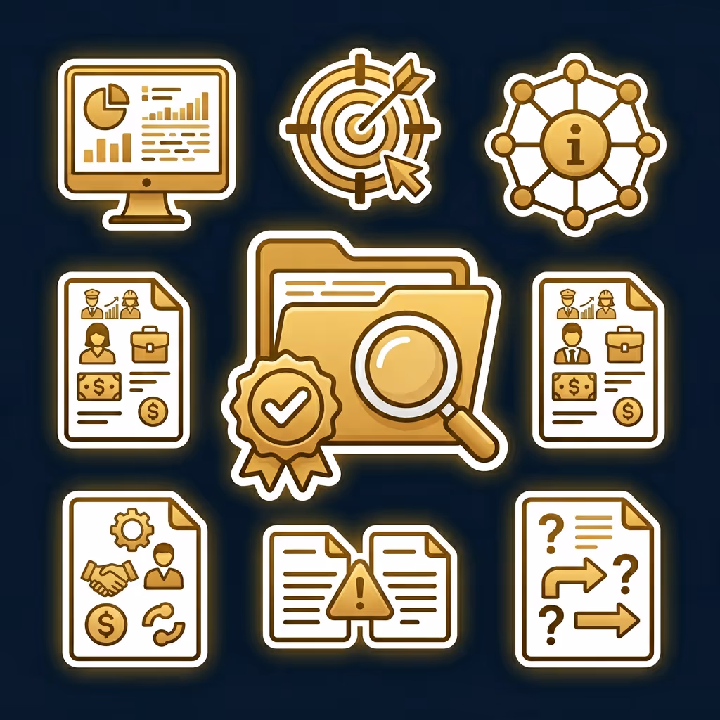Set of nine gold-themed icons on a dark background representing data analysis, target selection, information network, resumes, certified folder with magnifying glass, business partnership document, error warning, and decision making.