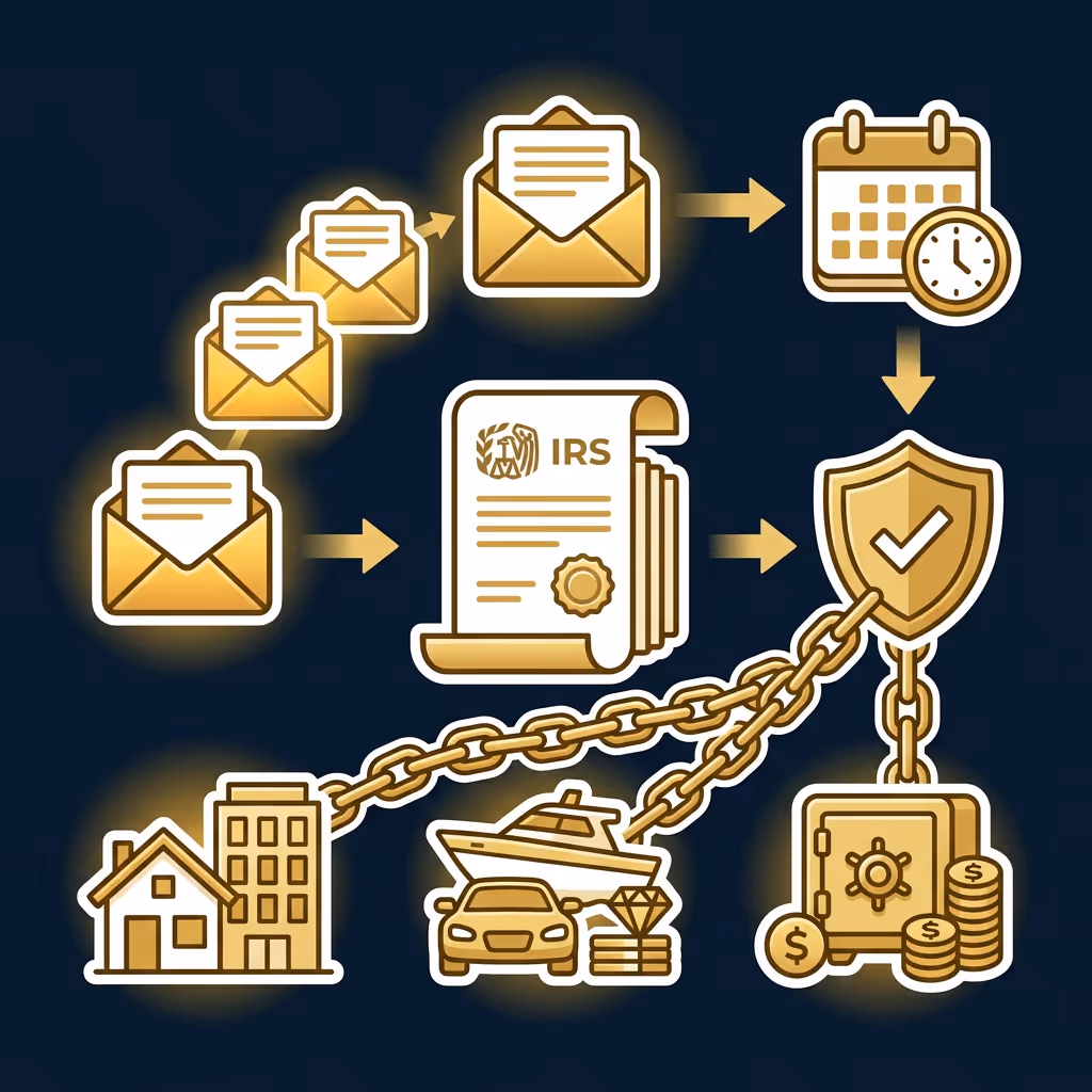Illustration showing envelopes leading to an IRS document, followed by calendar and shield icons linked to chained assets like a house, car, boat, and safe with money, symbolizing tax collection notices and secured payments.