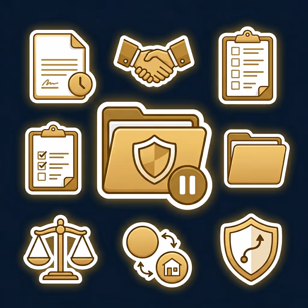 Set of gold icons on dark background including document with clock, handshake, checklists, folders with shield pause symbol, scales of justice, circular arrows with house, and shield with arrow path.