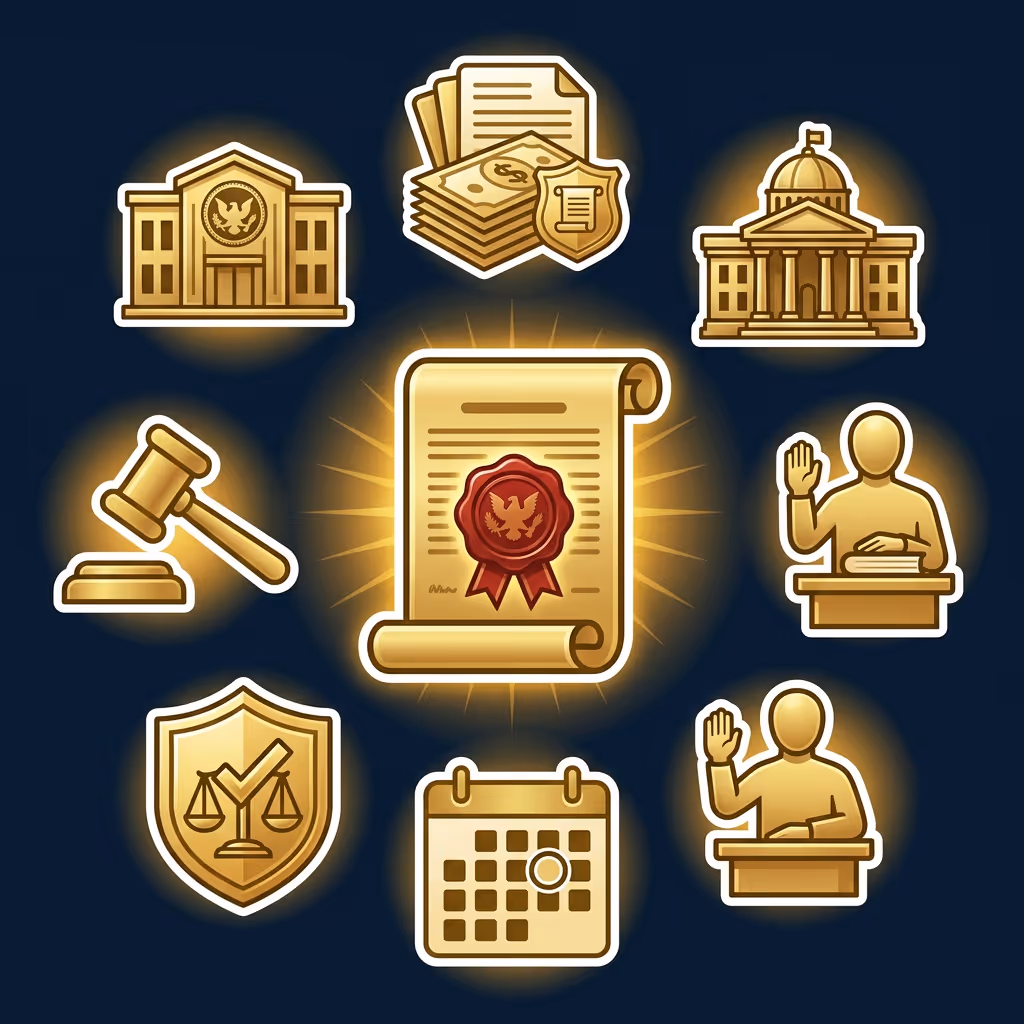 Golden legal icons including courthouse, money and documents, government building, gavel, legal shield, calendar, and two figures raising hands around a central legal document with a red seal.