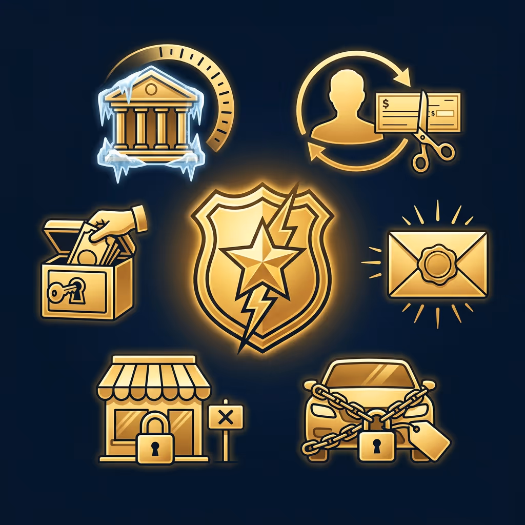 Gold icons representing bank freeze, wage garnishment cutting a paycheck, secured deposit box, locked store with closed sign, seized car with chains and lock, sealed legal envelope, and a central badge with star and lightning bolt.
