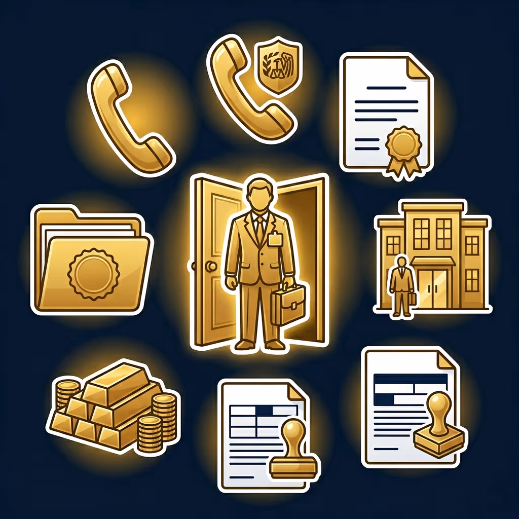 Golden businessperson standing in an open door surrounded by icons of telephones, certified documents, a building with a person, gold bars with coins, and stamped papers.
