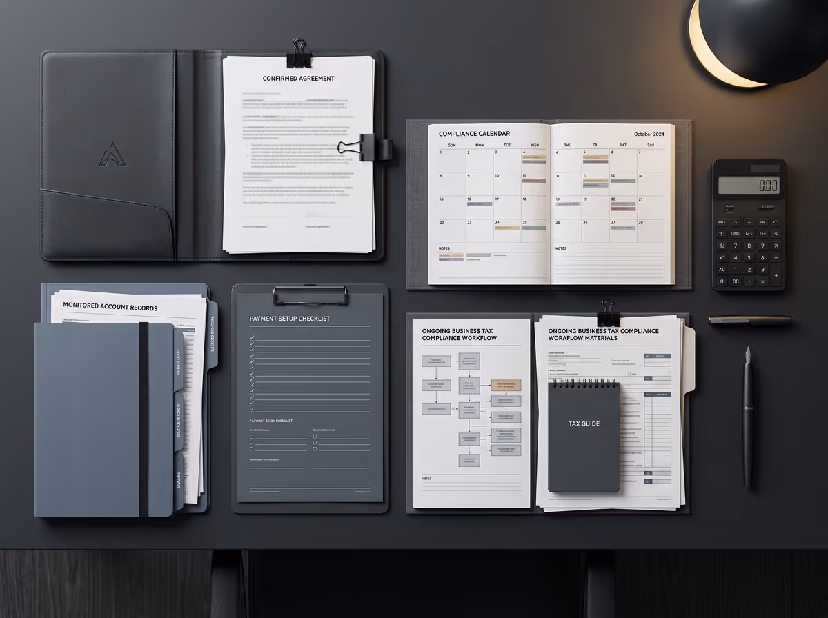 Organized dark desk workspace with confirmed agreement, compliance calendar, payment setup checklist, business tax compliance workflow documents, calculator, and pen under warm light.