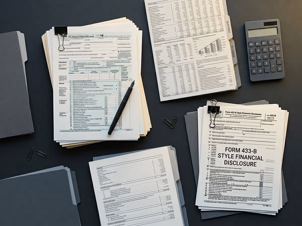 Stacks of financial documents with labeled tabs, a pen, paper clips, and a calculator on a dark table.