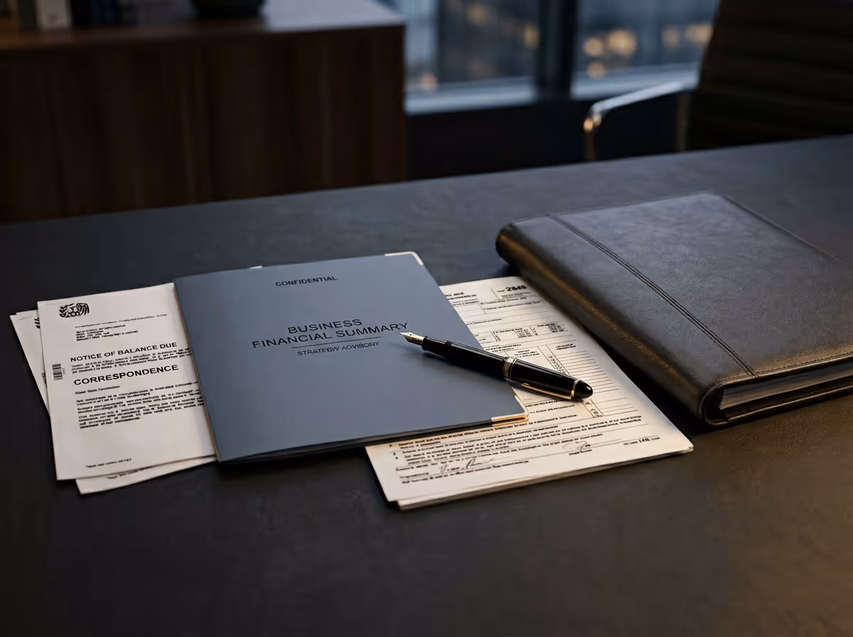 Documents on a desk including a folder labeled Business Financial Summary, a couple of papers, a black pen, and a closed black leather portfolio.