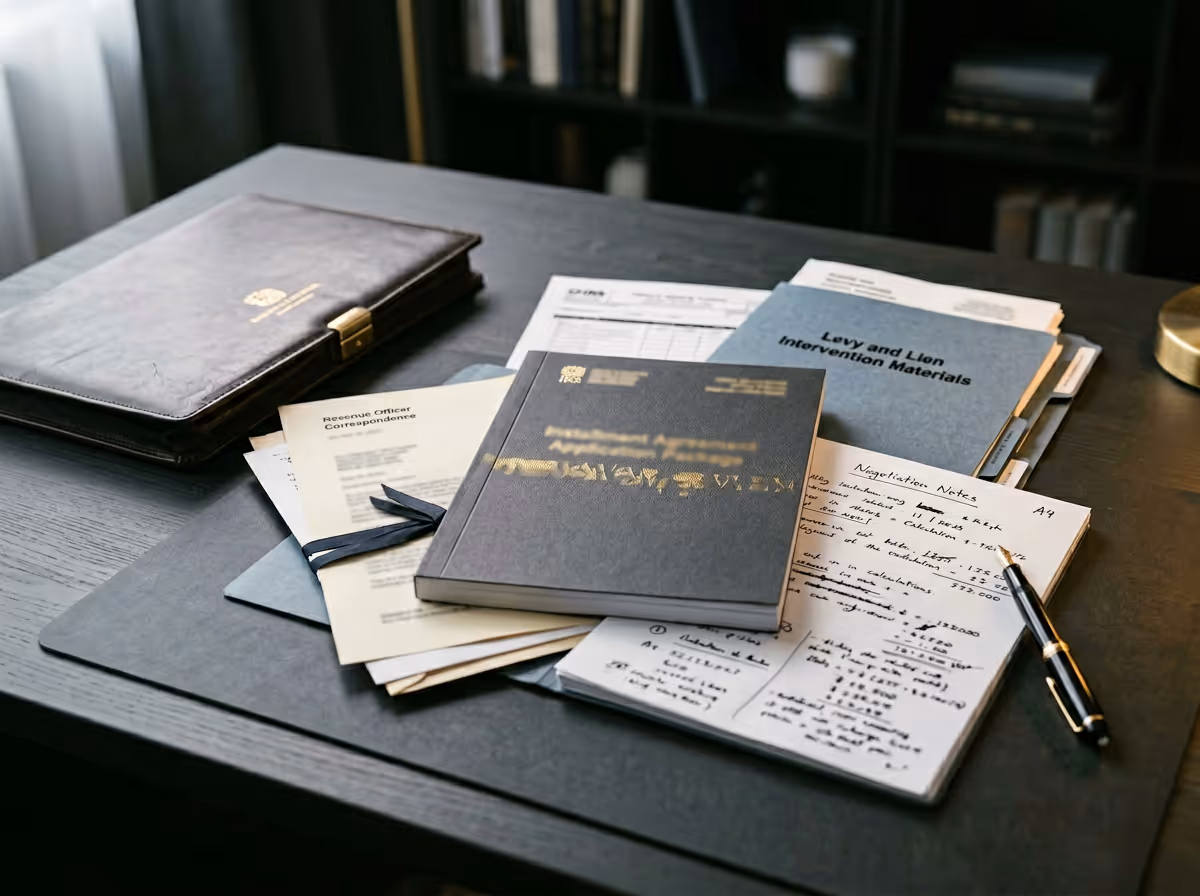 Desk with organized documents, folders labeled 'Revenue Officer Correspondence' and 'Levy and Lien Intervention Materials,' a notebook with negotiation notes, and a pen.