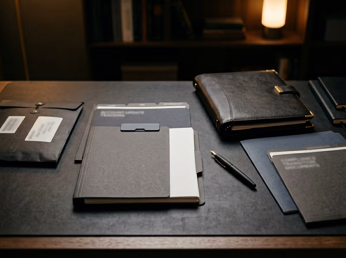 Organized dark office desk with black folders, a pen, and a leather-bound planner under warm lighting.