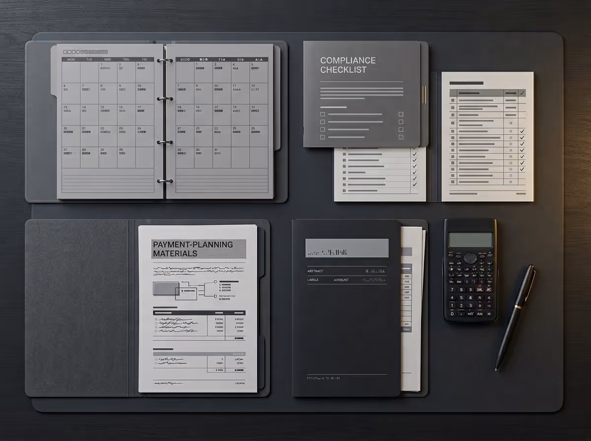 Overhead view of an organized workspace with a calendar planner, compliance checklist, payment-planning materials folder, calculator, and pen on a dark desk mat.