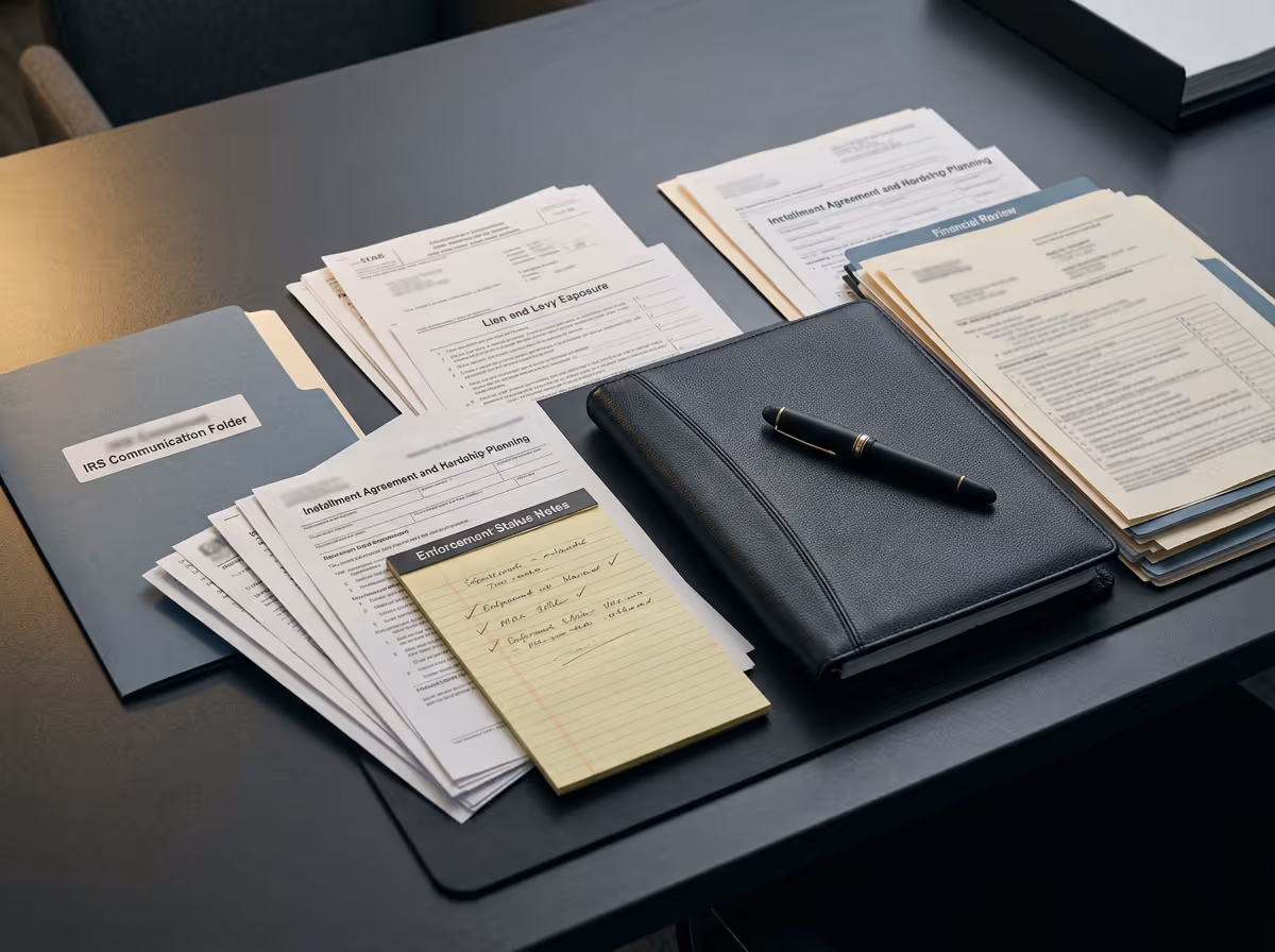 Desktop with organized folders and documents labeled for IRS communication, installment agreements, and financial review, alongside a black leather notebook and pen.