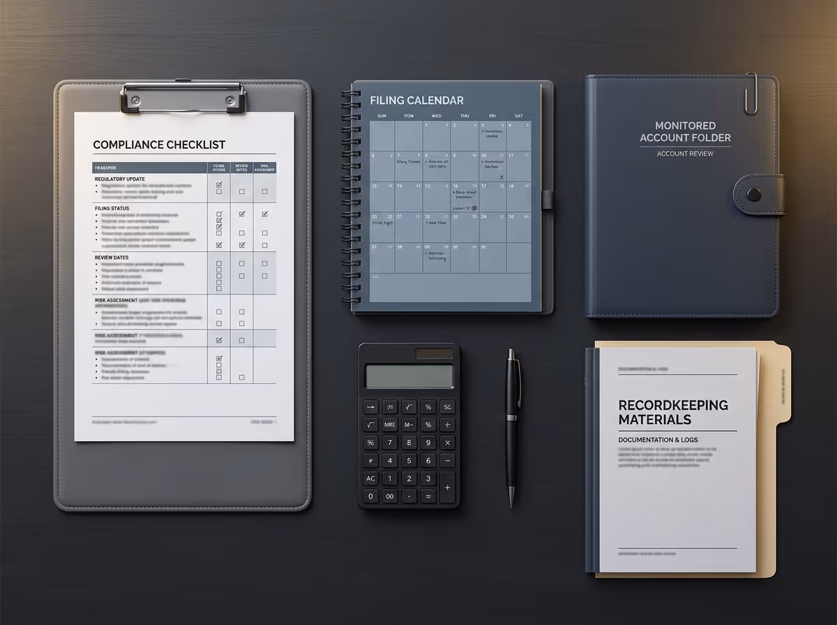 Compliance checklist on clipboard, filing calendar notebook, monitored account folder, calculator, pen, and recordkeeping materials folder organized on a dark surface.