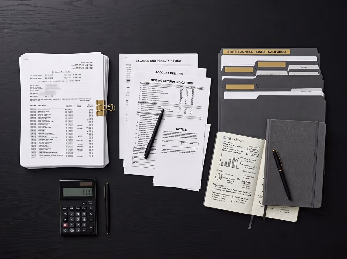 Organized tax documents, folders labeled 'State Business Filings - California', open notebook with tax notes and charts, pen, and calculator on black desk.