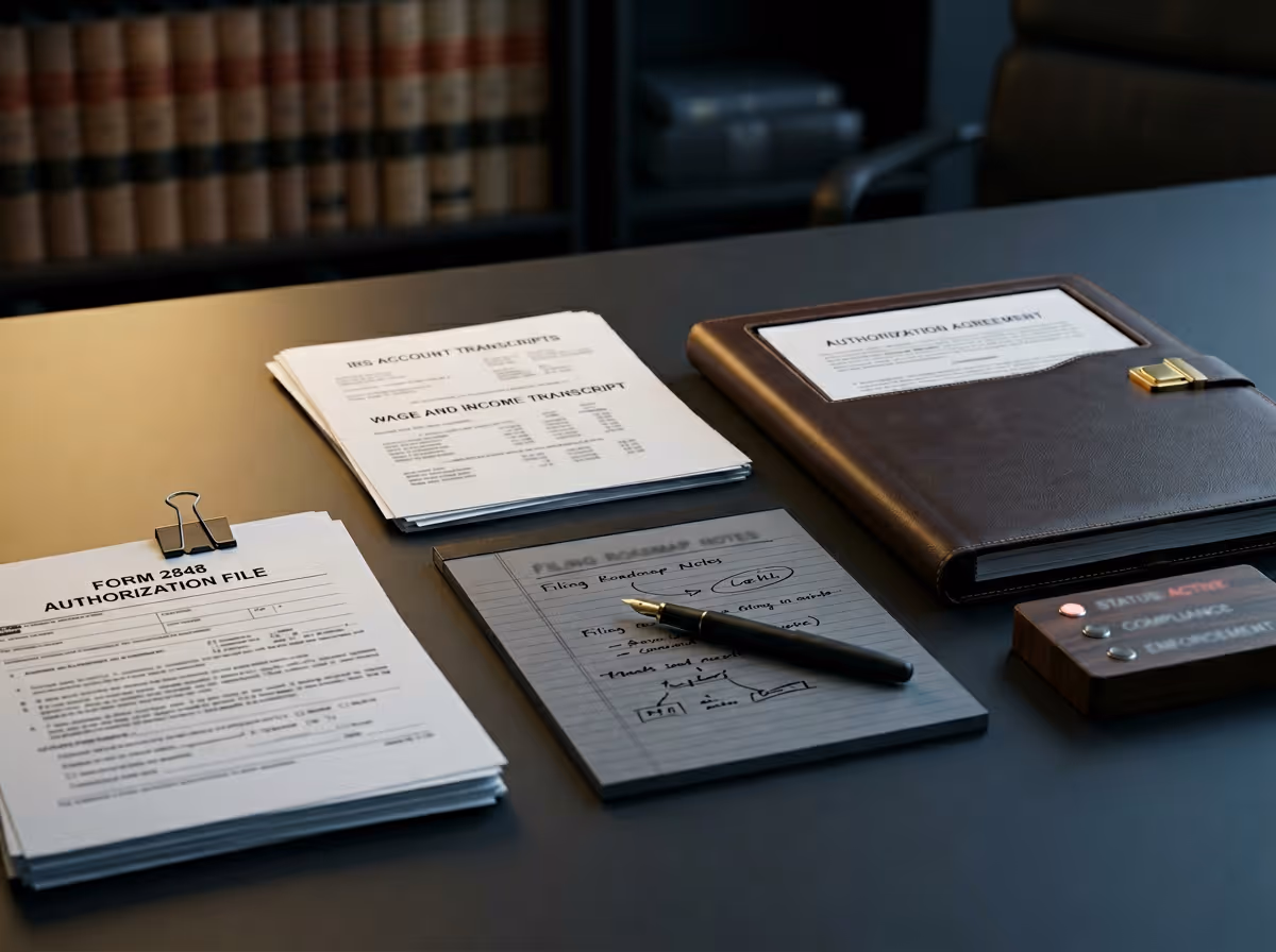 Desk with stacks of authorization and financial documents, a note pad with handwritten notes and pen, a brown leather folder labeled Authorization Agreement, and a wooden status indicator showing Active, Compliance, and Enrollment.