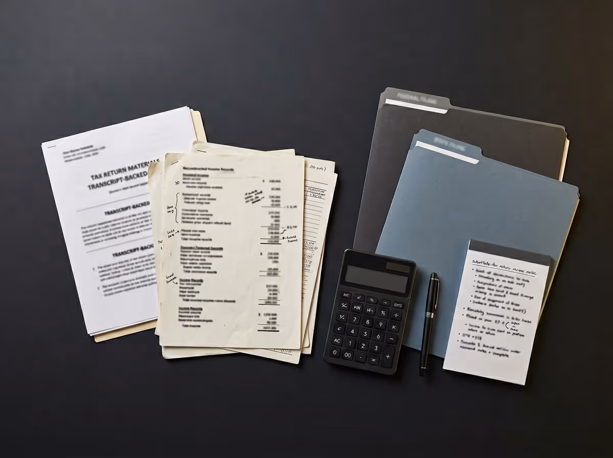 Documents, files, calculator, pen, and a notepad with handwritten notes on a black surface.