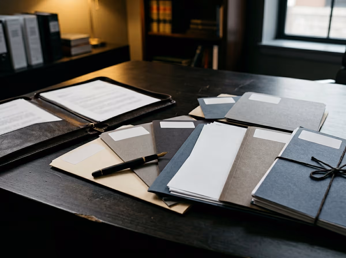 A variety of closed and open brown, gray, and black file folders and notebooks arranged on a dark wooden desk with a black fountain pen on top.