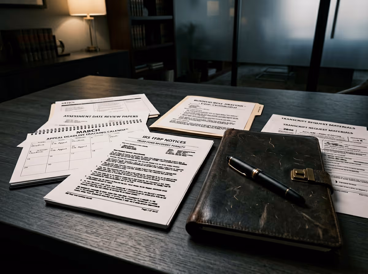 Desk with organized legal and financial documents, a closed leather-bound planner, and a pen in a dimly lit office.