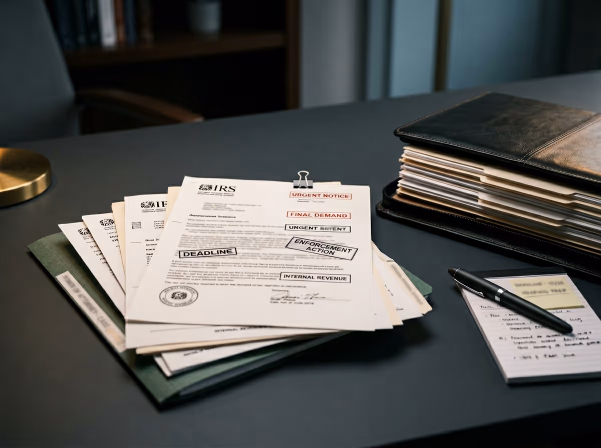 A desk with a stack of official IRS documents marked with urgent notices, a pen, a notepad with handwritten notes, and a large binder folder.