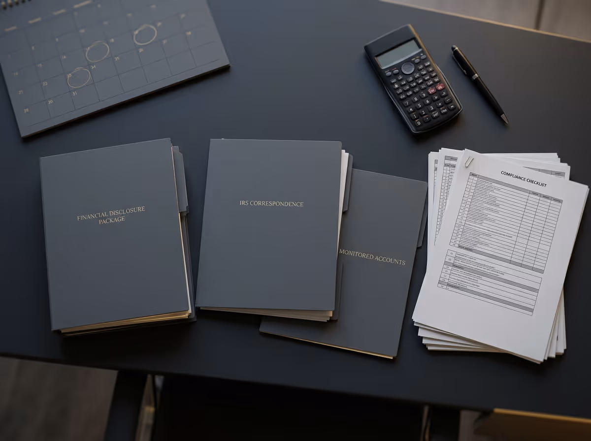 Dark desk with organized folders labeled Financial Disclosure Package, IRS Correspondence, Monitored Accounts, a compliance checklist stack, calculator, pen, and a calendar.