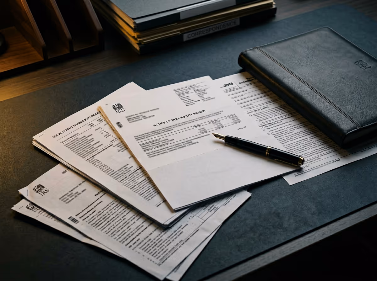 Desk with multiple IRS tax documents, a fountain pen, and a black leather organizer.