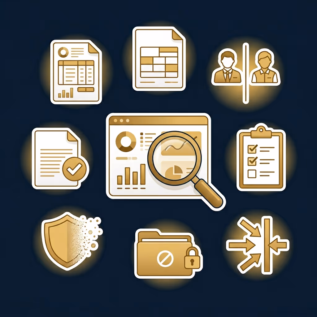 Set of gold and white business icons on dark blue background, including documents, people, magnifying glass over analytics, checklist, shield, locked folder, and arrows pointing to a barrier.