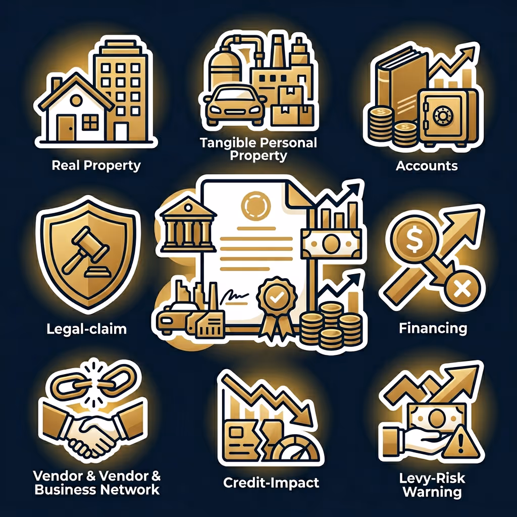 Illustrations representing concepts related to federal tax liens: Real Property, Tangible Personal Property, Accounts, Legal-claim, Financing, Vendor & Business Network, Credit Impact, and Levy-Risk Warning.