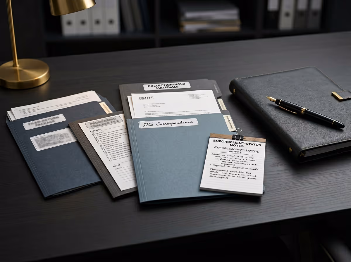 Labeled folders and a notepad with enforcement-status notes arranged on a dark office desk with a fountain pen and a lamp.