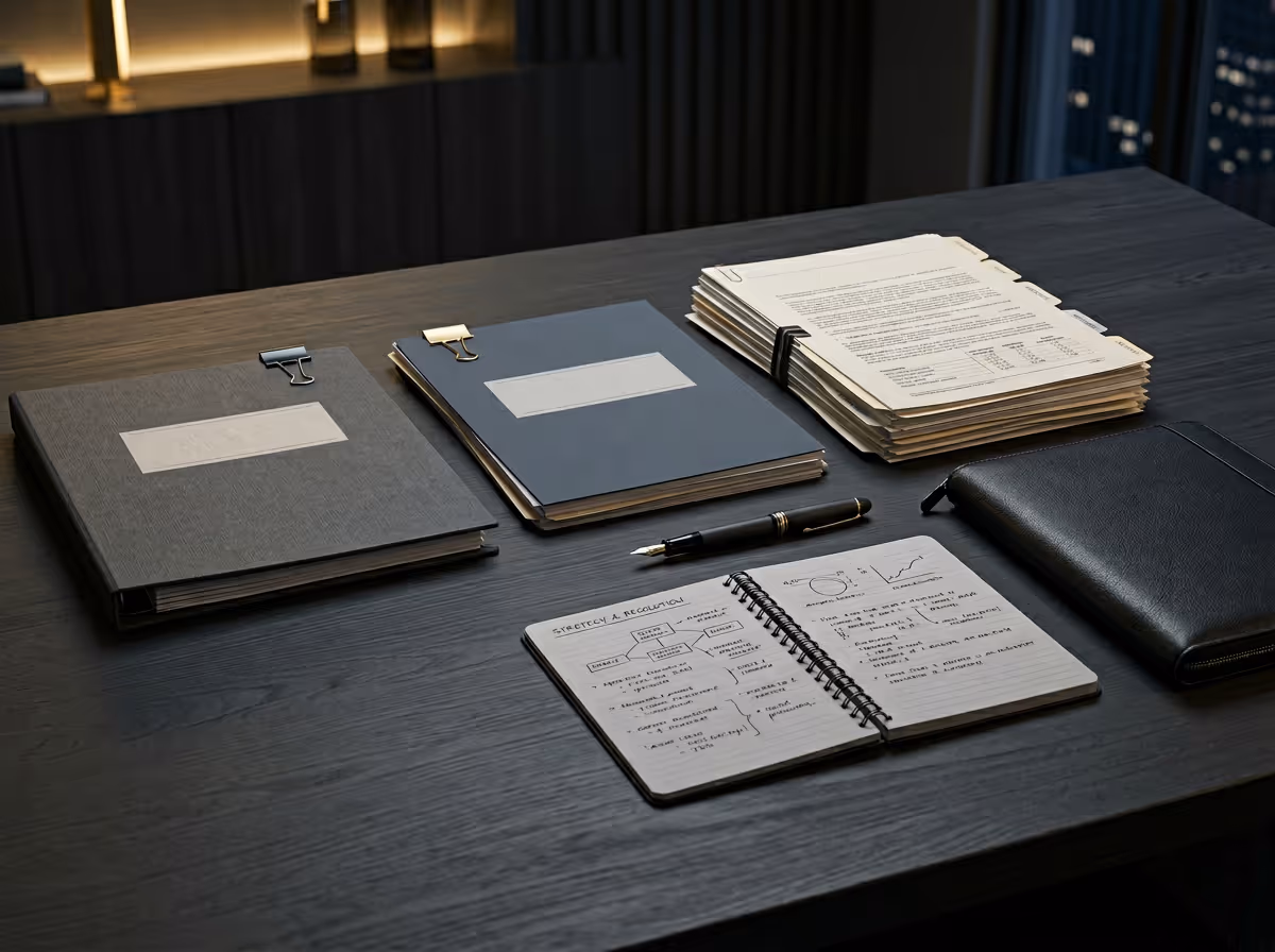 Office desk with clip-bound folders, stack of documents, open notebook with handwritten notes, fountain pen, and a closed black leather organizer.